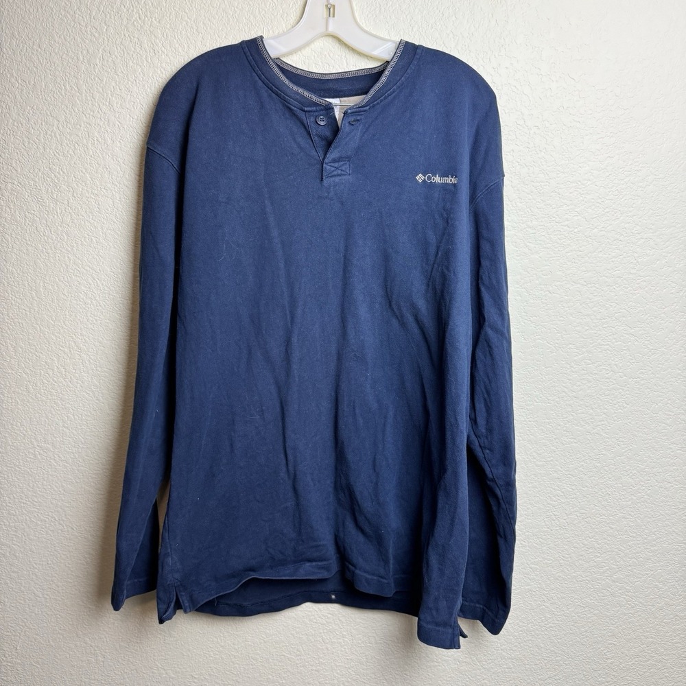 Columbia Henley Shirt Mens L Blue Long Sleeve 100 Cotton Pullover Outdoor Casual